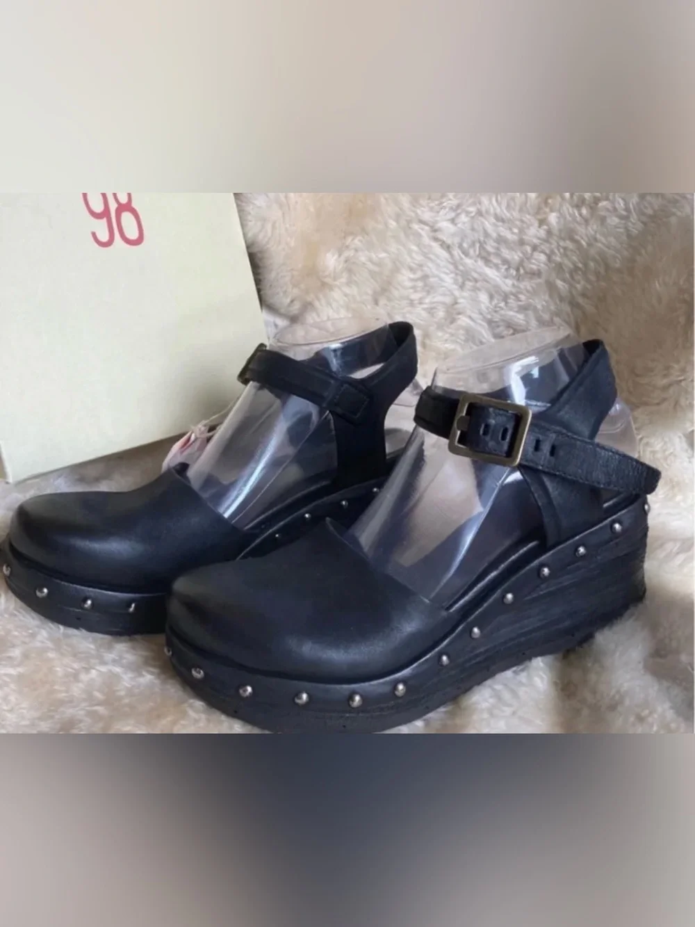 A.S.98 Pietro Black Studded Wedge Mary Jane Shoes - Women size 39